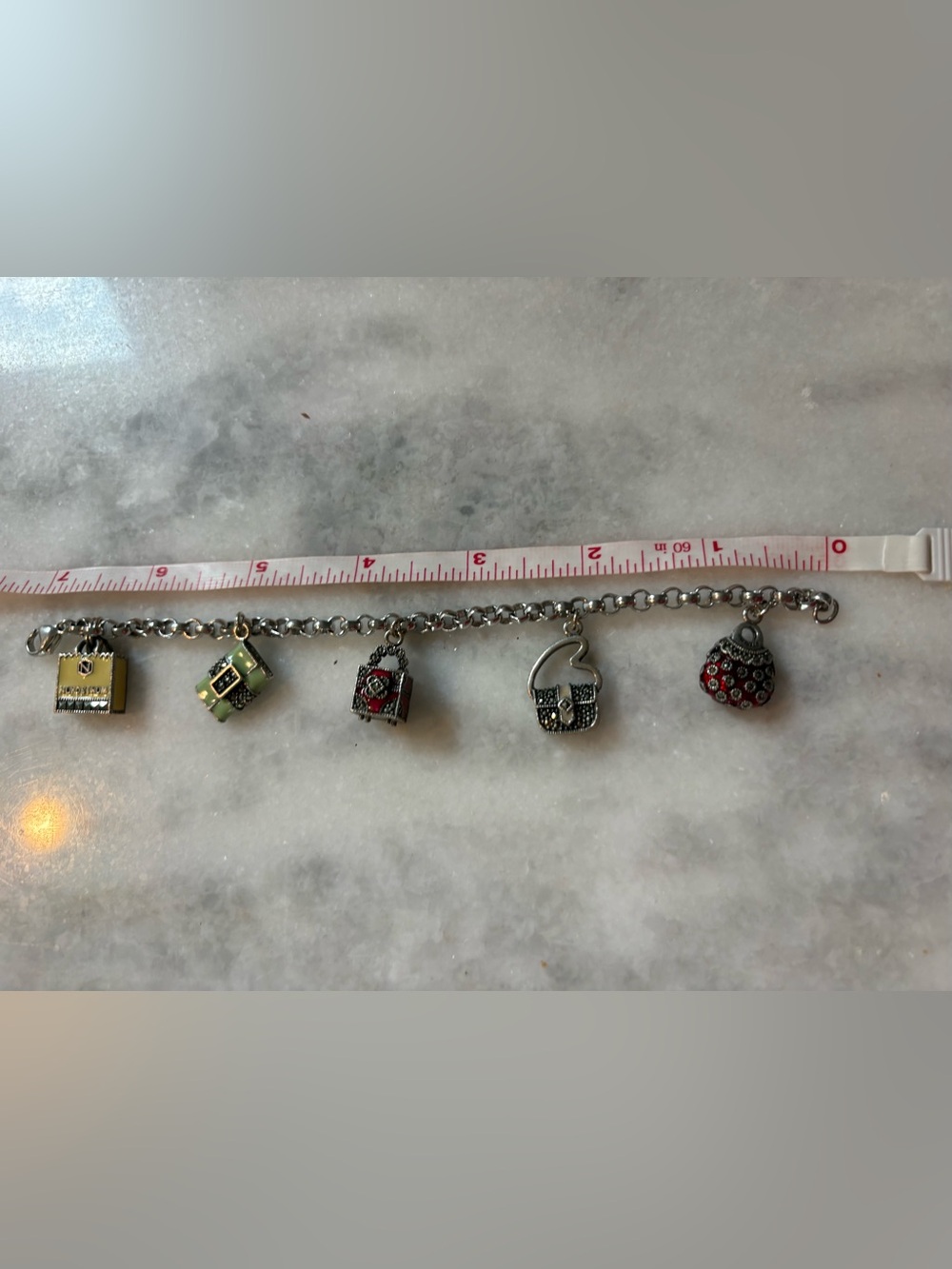 Judith Jack Sterling, Enamel and Marcasite Purse Charm Bracelet.